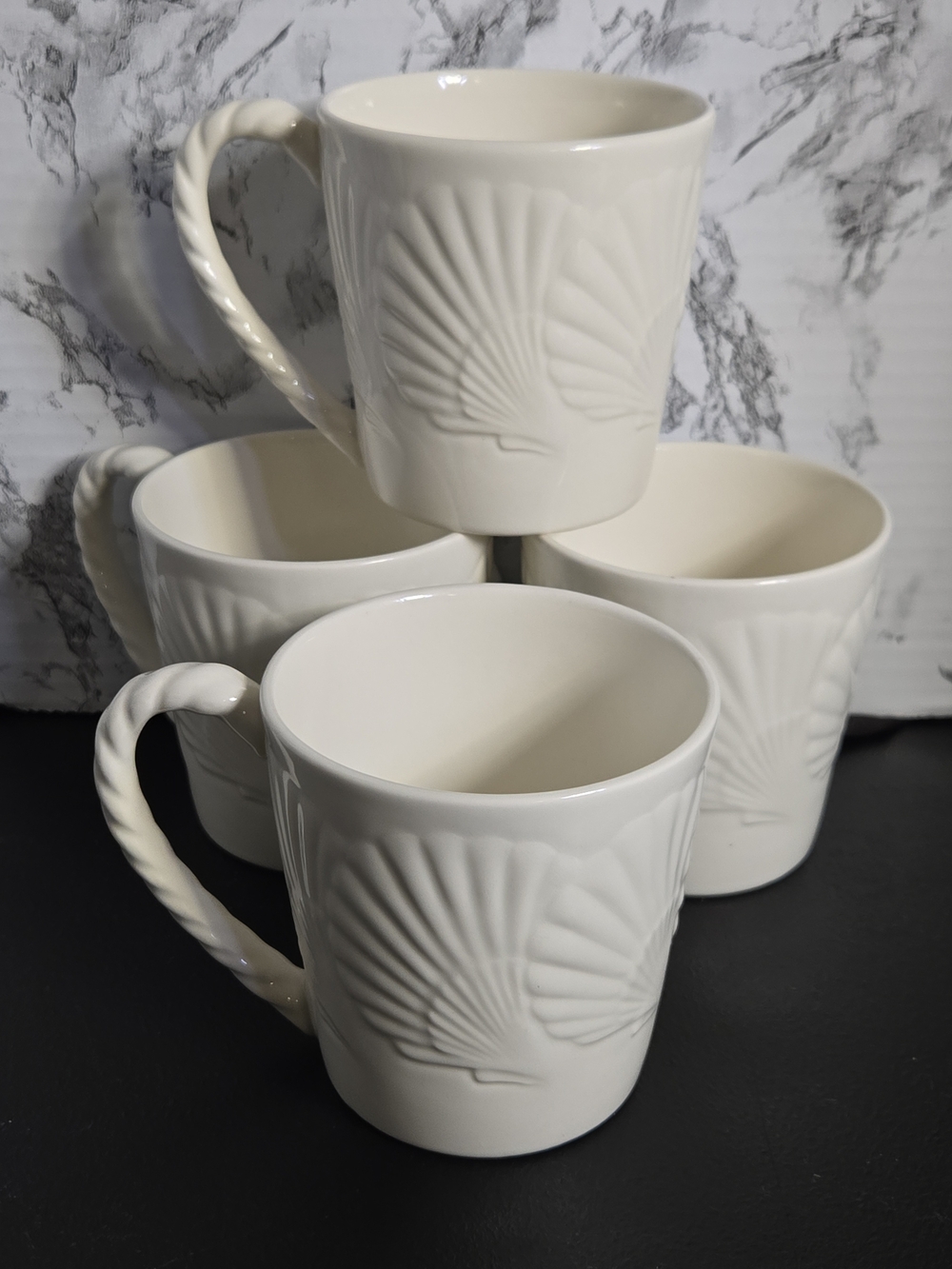 Mikasa Ocean Jewel White Embossed Sea Shell Ceramic Mugs - Set of 4